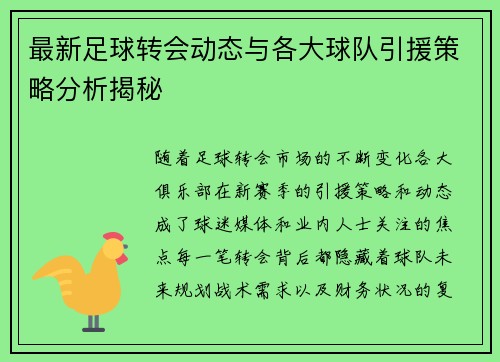 最新足球转会动态与各大球队引援策略分析揭秘