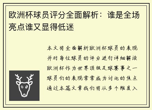 欧洲杯球员评分全面解析：谁是全场亮点谁又显得低迷