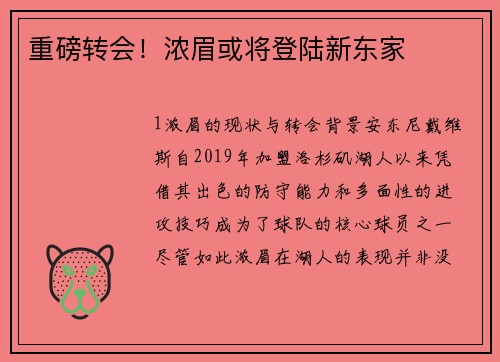 重磅转会！浓眉或将登陆新东家