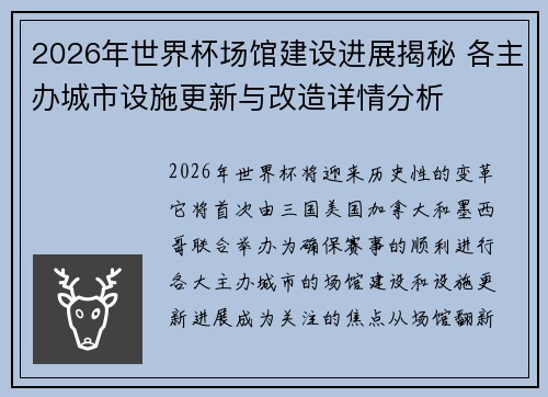 2026年世界杯场馆建设进展揭秘 各主办城市设施更新与改造详情分析